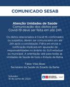 COMUNICADO SESAB Comunicação dos óbitos por Covid-19 deve ser feita em até 24h