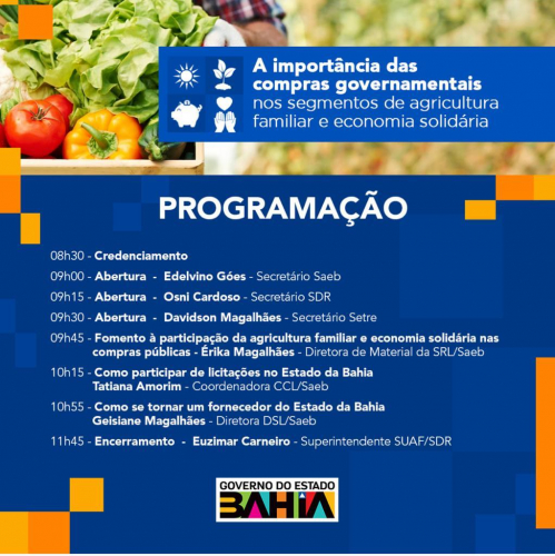 Governo da Bahia realiza seminário para incentivar participação da agricultura familiar e economia solidária nas compras públicas do Estado