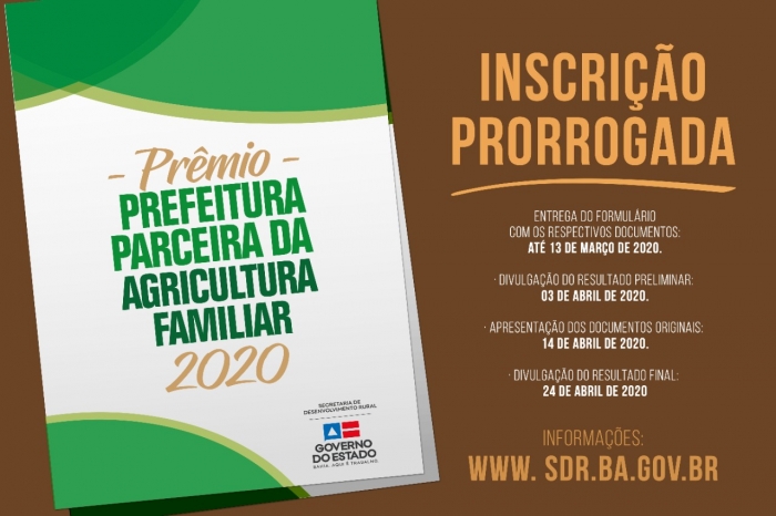 Prorrogado o prazo para inscrição do Prêmio Prefeitura Parceira da Agricultura Familiar 