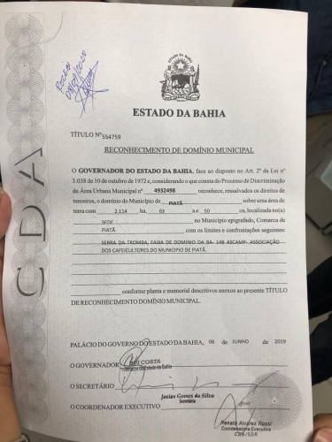 Município de Piatã recebe título que reconhece domínio municipal