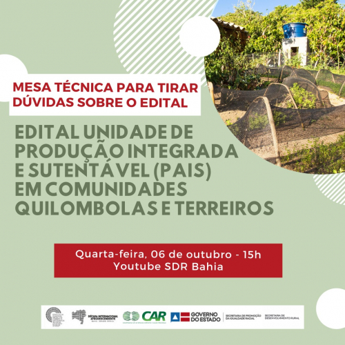 Governo do Estado abre edital para implantação de unidades de produção agroecológica em quilombos e terreiros