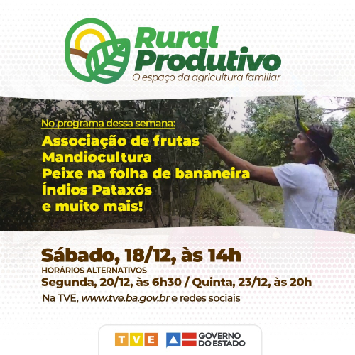 Associação de frutas, mandiocultura, peixe na folha de bananeira e índios Pataxós no Rural Produtivo da TVE