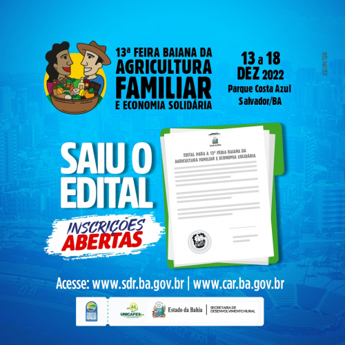 Estão abertas as inscrições para a participação de organizações produtivas na 13ª Feira Baiana da Agricultura Familiar 