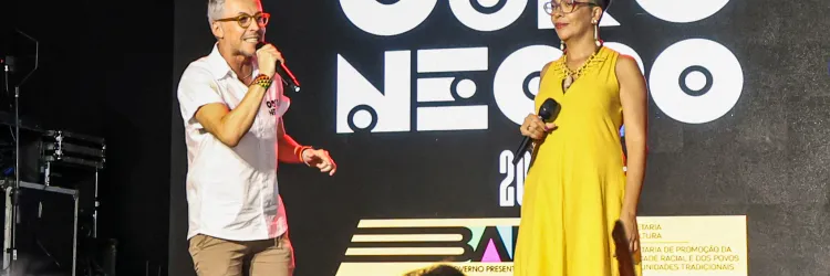Ângela Guimarães, Secretaria de Promoção da Igualdade Racial e dos Povos e Comunidades, e Bruno Monteiro, Secretario de Cultura, no Lançamento do Programa Ouro Negro 2025