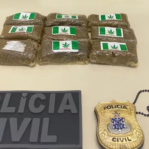 O material apreendido está sobre uma mesa