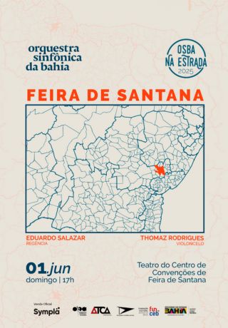 A imagem é uma ilustração do mapa da cidade de Feira de Santana. O card traz as informações do evento "Osba na Estrada", da Orquestra Sinfônica da Bahia, que acontece no dia 1º de junho (domingo), às 17h. O evento acontece no Teatro do Centro de Convenções de Feira de Santana.