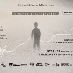 A imagem é um banner de divulgação em formato horizontal, com uma estética artística e cores suaves, predominantemente tons de bege, cinza e marrom. É o cartaz de um concerto da Orquestra Sinfônica da Bahia (OSBA) onde se lê: "Governo do Estado da Bahia apresenta Strauss e Tchaikovsky, série Manuel Inácio da Costa".