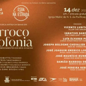 A imagem é um banner de divulgação em formato horizontal, com uma estética artística e cores em tons terrosos e pontos de luz. É o cartaz de um concerto da Orquestra Sinfônica da Bahia (OSBA) onde se lê: "Orquestra Sinfônica da Bahia" com um selo ao lado escrito "OSBA na Estrada". Abaixo, tem o texto: "Núcleo de Música Antiga da Bahia em: Barroco Afrofonia, compositores afrodescendentes dos séculos 16 ao 19"