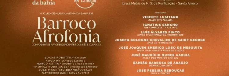 A imagem é um banner de divulgação em formato horizontal, com uma estética artística e cores em tons terrosos e pontos de luz. É o cartaz de um concerto da Orquestra Sinfônica da Bahia (OSBA) onde se lê: "Orquestra Sinfônica da Bahia" com um selo ao lado escrito "OSBA na Estrada". Abaixo, tem o texto: "Núcleo de Música Antiga da Bahia em: Barroco Afrofonia, compositores afrodescendentes dos séculos 16 ao 19"