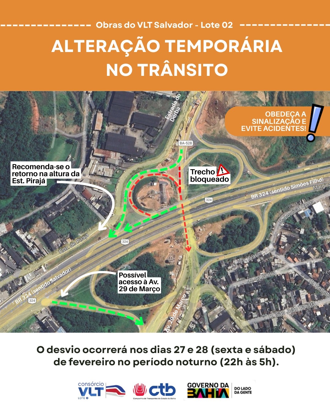 Obras do VLT avançam com lançamento de vigas de viaduto sobre a BR-324 e alteração temporária no trânsito